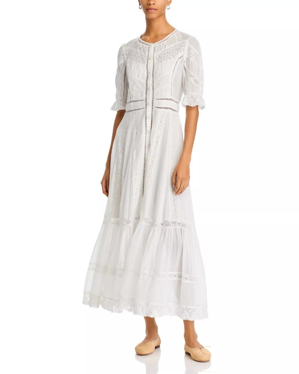 LoveShackFancy Women White Cotton Lace Trim Jovina Bohemian Maxi Dress Size US 2